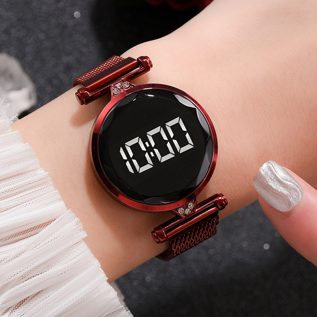 Luksusowy damski zegarek cyfrowy z różowym złotem ze stali nierdzewnej i magnesem LED - Wianko - 3