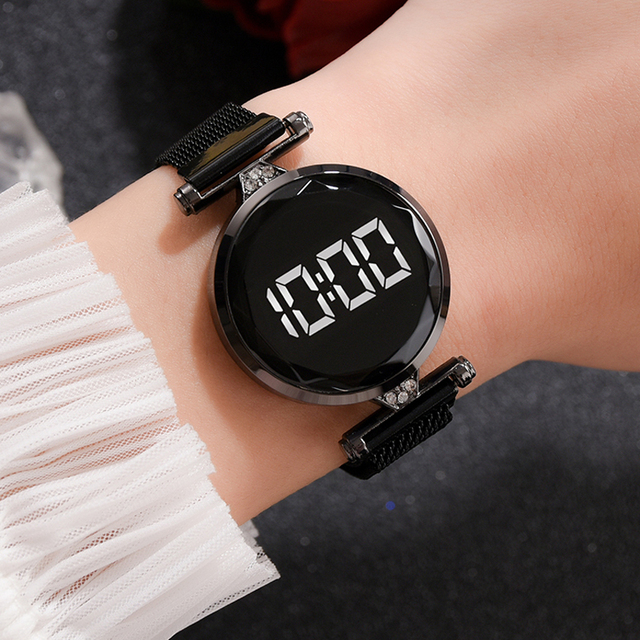 Luksusowy damski zegarek cyfrowy z różowym złotem ze stali nierdzewnej i magnesem LED - Wianko - 6