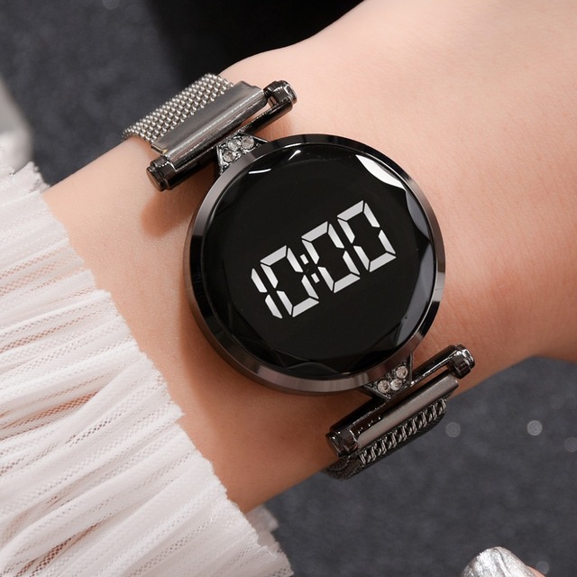 Luksusowy damski zegarek cyfrowy z różowym złotem ze stali nierdzewnej i magnesem LED - Wianko - 2