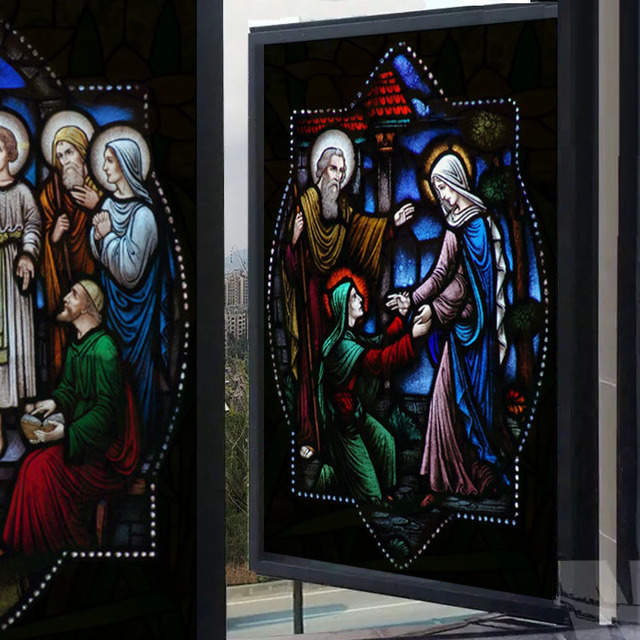 Niestandardowa folia zaciemniająca okienne naklejki statyczne do wielokrotnego użytku - dekoracja domu kościelnym motywem narodzenia Maryi i Jezusa - Wianko - 2