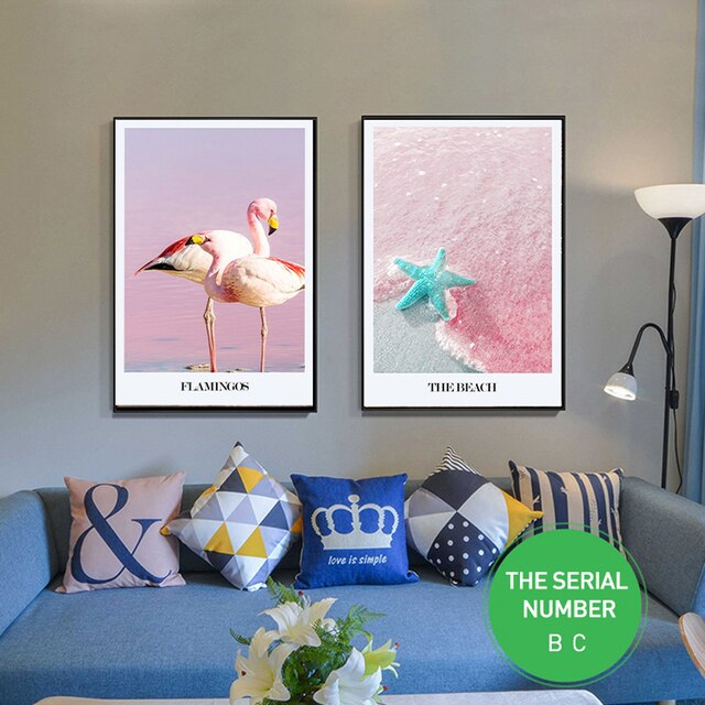 Plakat i druk płótno obrazu Flamingi na plaży Shell ozdobią salon, pokój dziewczynę - Wianko - 6
