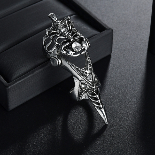 Pierścionek męski z otwartym pierścieniem, wykonany z metalu w stylu gotyckim - wzór punk vintage: liście, pióra, krzyż, gwiazda i wąż - Wianko - 8