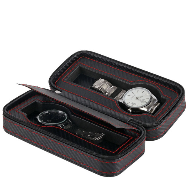 Pudełko na zegarki z dwoma slotami, wykonane z węglowej skóry, przenośne, zamykane na zamek, z torbą - organizer na zegarki - Wianko - 5