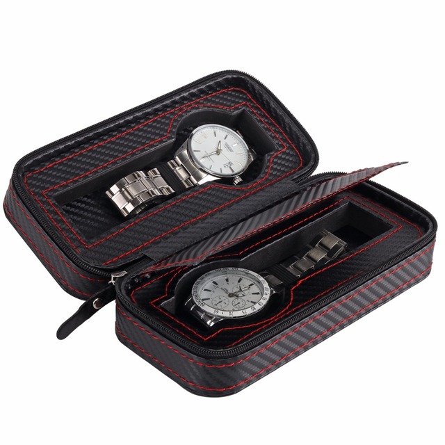 Pudełko na zegarki z dwoma slotami, wykonane z węglowej skóry, przenośne, zamykane na zamek, z torbą - organizer na zegarki - Wianko - 6