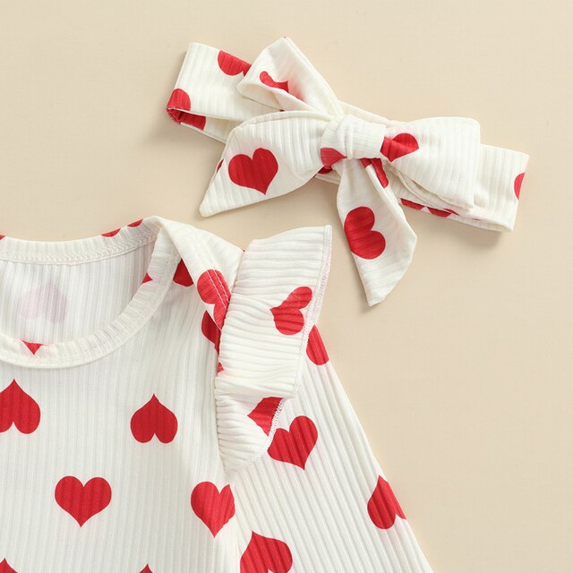 Zestaw ubrań FOCUSNORM dla dziewczynek 0-4 lata - dni Walentynki, 2 kolory, 3 sztuki - nadruk serce, rękawem fly topy + wysokiej talii spodnie flare + pałąk - Wianko - 2