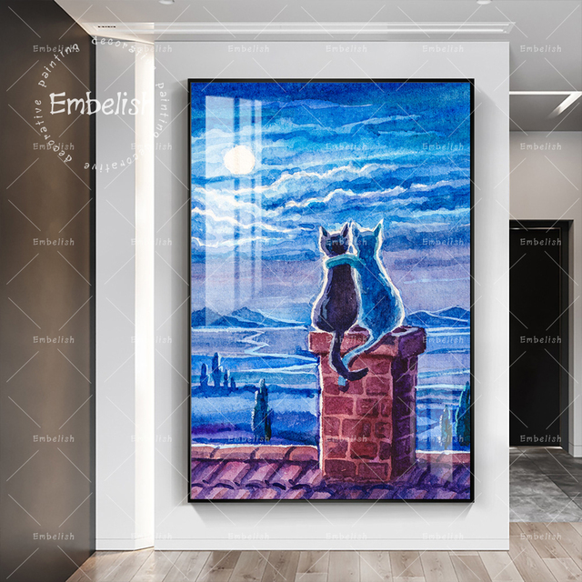 Nowoczesne dekoracje do domu: Obraz płótno HD Spray z wyjątkową kreskówkową sceną kotka siedzącego na dachu - Wianko - 3