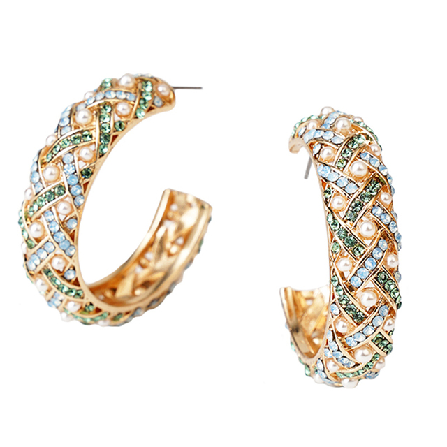 Podwójne kolczyki z metalową obręczą i kryształowymi strasami w kształcie literki C, ozdobione mini perłami, dla kobiet - Wianko - 6