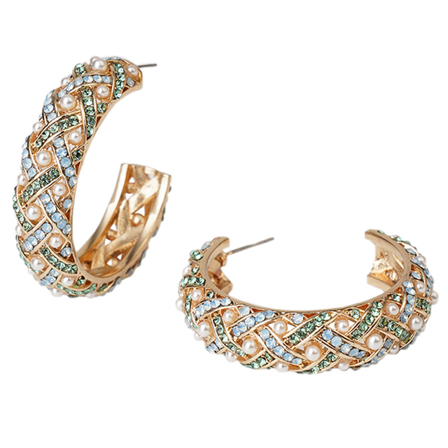 Podwójne kolczyki z metalową obręczą i kryształowymi strasami w kształcie literki C, ozdobione mini perłami, dla kobiet - Wianko - 7