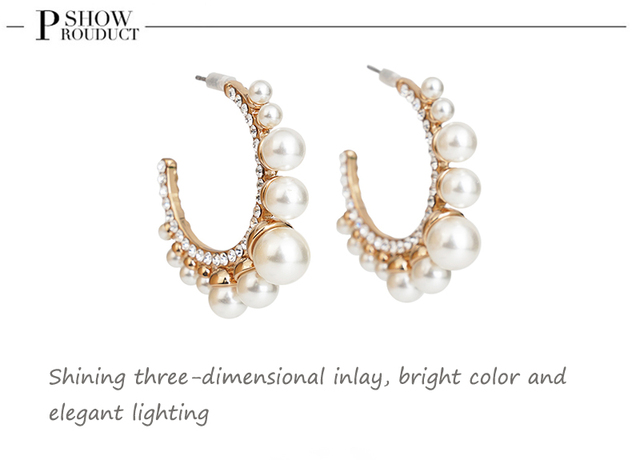 Podwójne kolczyki z metalową obręczą i kryształowymi strasami w kształcie literki C, ozdobione mini perłami, dla kobiet - Wianko - 15