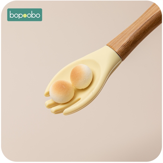 Bopoobo bambusowy widelec i drewniana łyżka do karmienia dziecka, 2 sztuki, silikonowe, organiczne, bez bisfenolu A, dla niemowląt i małych dzieci - Wianko - 4