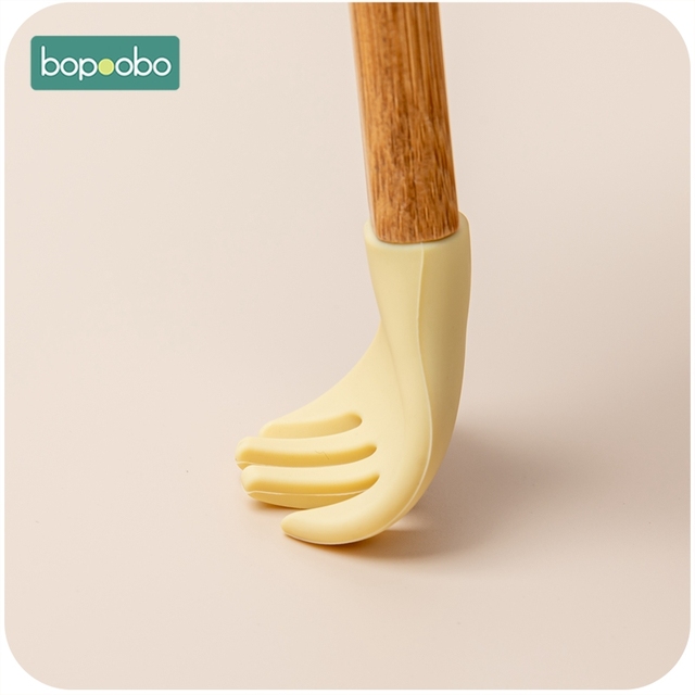 Bopoobo bambusowy widelec i drewniana łyżka do karmienia dziecka, 2 sztuki, silikonowe, organiczne, bez bisfenolu A, dla niemowląt i małych dzieci - Wianko - 3