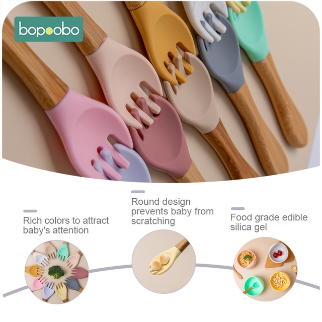 Bopoobo bambusowy widelec i drewniana łyżka do karmienia dziecka, 2 sztuki, silikonowe, organiczne, bez bisfenolu A, dla niemowląt i małych dzieci - Wianko - 10