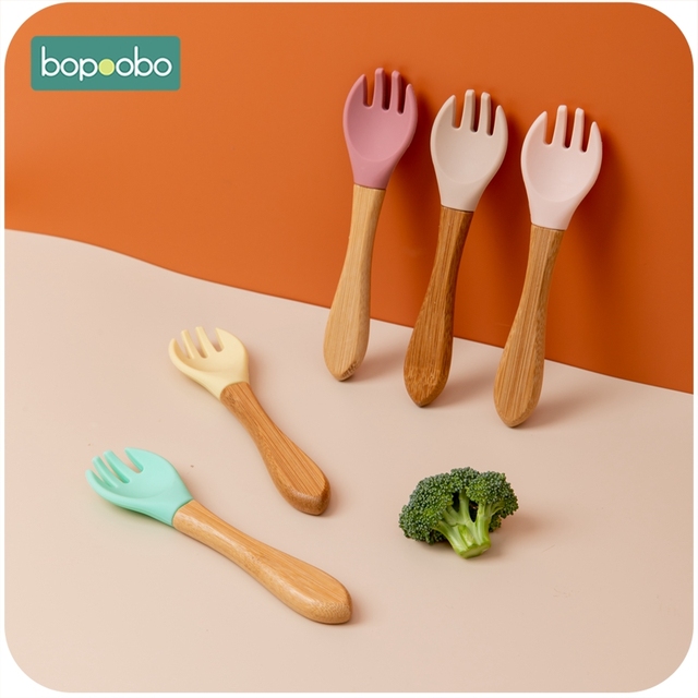Bopoobo bambusowy widelec i drewniana łyżka do karmienia dziecka, 2 sztuki, silikonowe, organiczne, bez bisfenolu A, dla niemowląt i małych dzieci - Wianko - 8