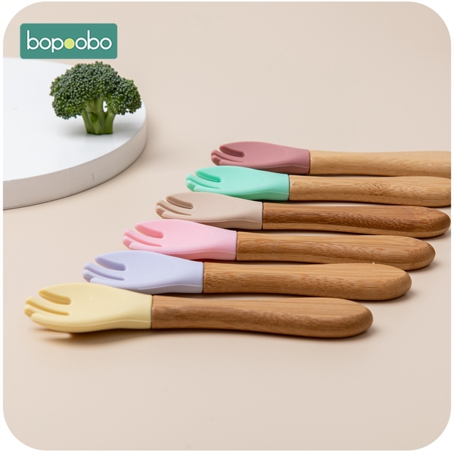 Bopoobo bambusowy widelec i drewniana łyżka do karmienia dziecka, 2 sztuki, silikonowe, organiczne, bez bisfenolu A, dla niemowląt i małych dzieci - Wianko - 2