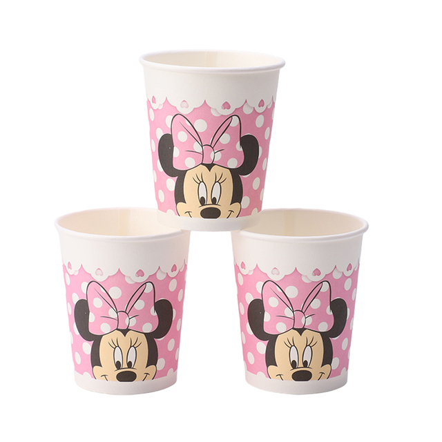 52 sztuki jednorazowe zastawy stołowe na imprezę z motywem Disney Mickey i Myszka Minnie, dekoracje urodzinowe stołu dla dzieci, talerze papierowe, kubki, serwetki Minnie, Baby Shower - Wianko - 6