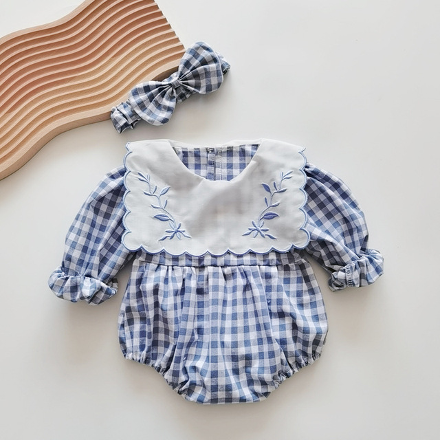 Body dziecięce granatowy wzór w kratę z haftem, idealne na wiosnę dla noworodka dziewczynki, z dostarczanym łukiem i pałąkiem - Wianko - 8