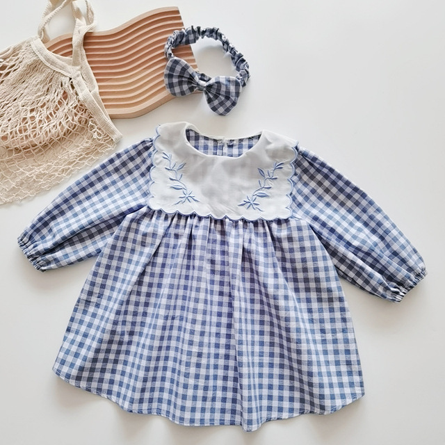 Body dziecięce granatowy wzór w kratę z haftem, idealne na wiosnę dla noworodka dziewczynki, z dostarczanym łukiem i pałąkiem - Wianko - 9