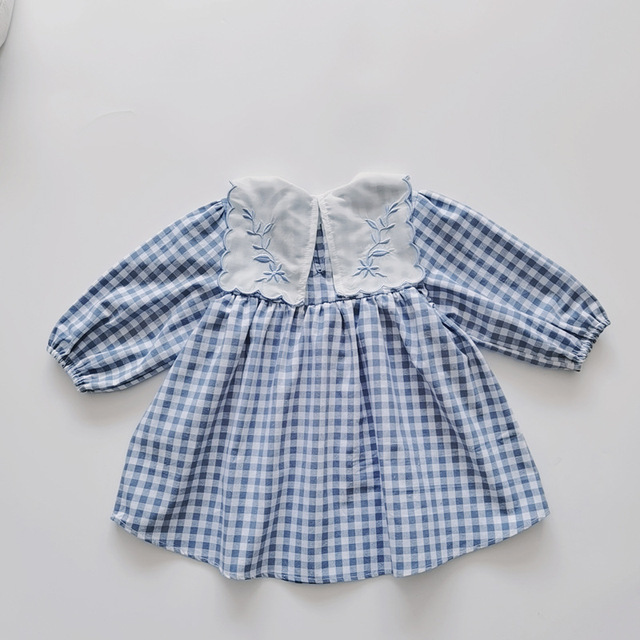 Body dziecięce granatowy wzór w kratę z haftem, idealne na wiosnę dla noworodka dziewczynki, z dostarczanym łukiem i pałąkiem - Wianko - 7