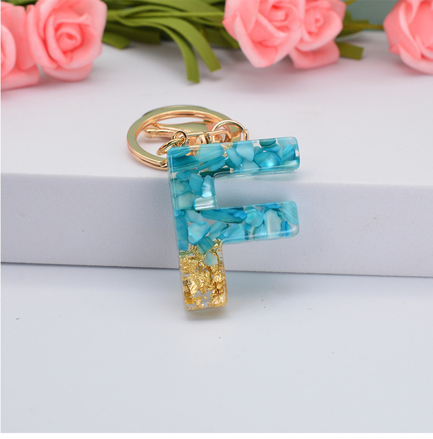 Brelok na klucze z niebieskim kamieniem i złotą folią, z 26 angielskimi literami, wykończony żywicą - nowa moda 2021 dla kobiet - Wianko - 11