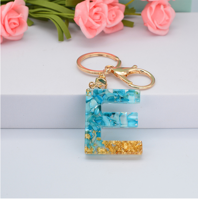 Brelok na klucze z niebieskim kamieniem i złotą folią, z 26 angielskimi literami, wykończony żywicą - nowa moda 2021 dla kobiet - Wianko - 10
