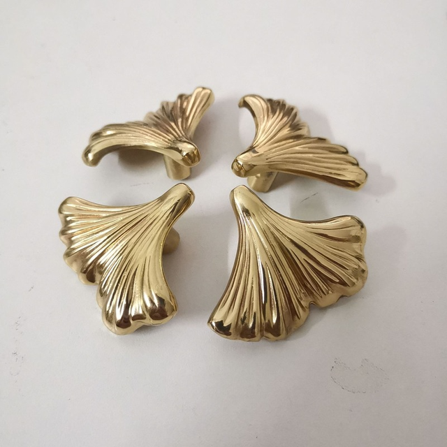 Nowoczesny uchwyt szafkowy Ginkgo Biloba w kształcie liści, złoty, solidny mosiężny - Wianko - 3
