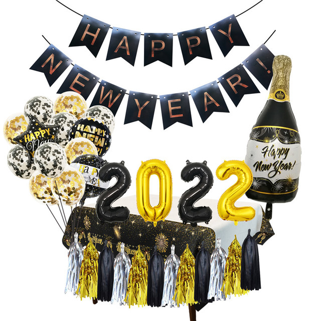 Balon foliowy „Szczęśliwego Nowego Roku 2022” z bannerem, gwiazdą, okrągłym balonem, konfetti na przyjęcie – dekoracja DIY - Wianko - 2