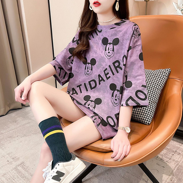 Koszulka damska w stylu Harajuku z krótkim rękawem i nadrukiem literek Myszką Miki, fioletowa - Wianko - 17