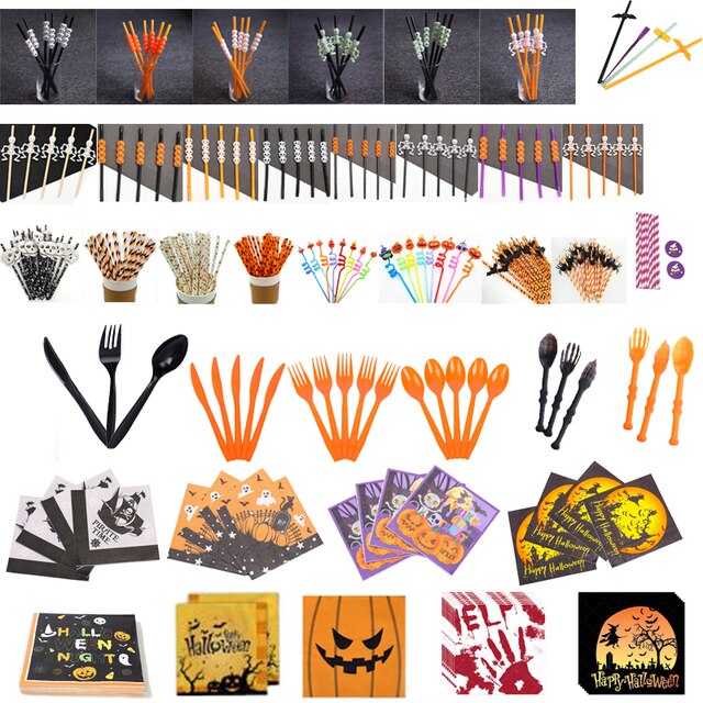 Halloween - zestaw 10 sztuk papierowych naczyń ze słomkami i sztućcami, w motywie dyni, wiedźmy i ducha - idealny na imprezę, karnawał, obiad, urodziny i wakacje - Wianko - 31