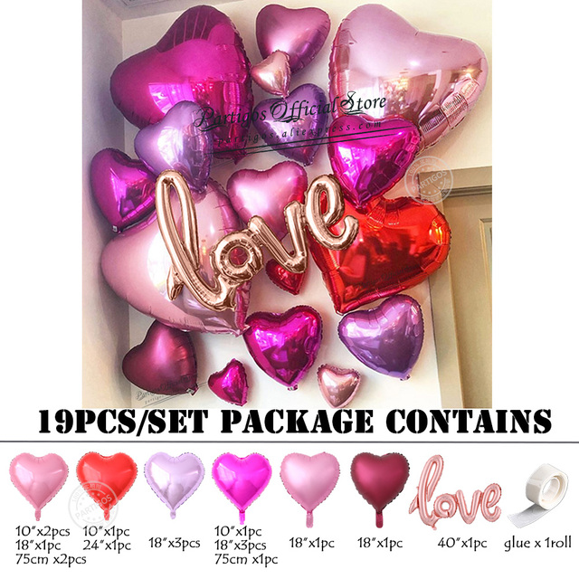 Zestaw 19 czerwonych balonów foliowych w kształcie serca - dekoracje ślubne, walentynki, różowy złoty, list miłosny, folia Globos Helium 2021 - Wianko - 2