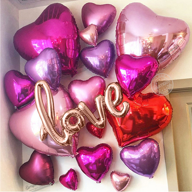 Zestaw 19 czerwonych balonów foliowych w kształcie serca - dekoracje ślubne, walentynki, różowy złoty, list miłosny, folia Globos Helium 2021 - Wianko - 1