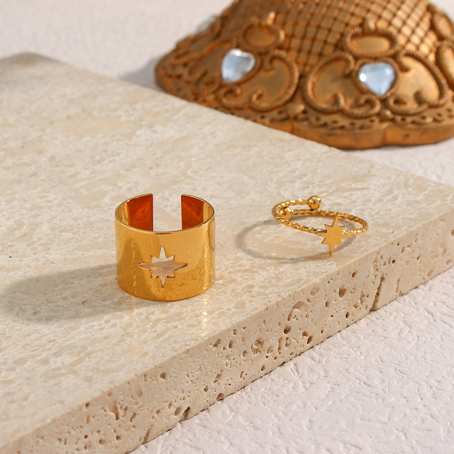 Nowości 2021: Regulowane pierścionki dla par z sercem i kwiatkiem z motywem Księżyca i Gwiazdy, wykonane z polerowanej stali nierdzewnej w kolorze złotym - Wianko - 8