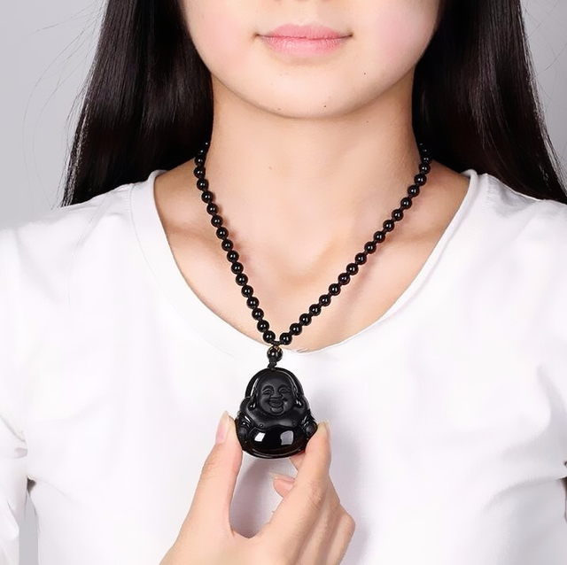 Naszyjnik wisiorka z czarnym obsydianem rzeźbiony w figurę Budda - wysoka jakość, amulet na szczęście dla mężczyzn - Wianko - 11