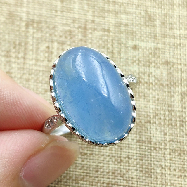 Pierścień z naturalnym niebieskim akwamarynem, kryształem jasnym koralikiem i srebrnym prostokątnym owalnym 925 pierścieniem AAAAA - Wianko - 78