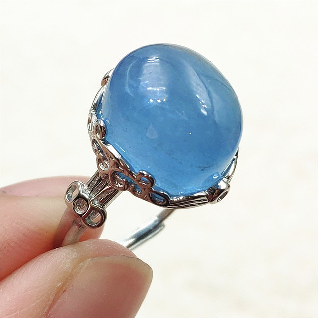 Pierścień z naturalnym niebieskim akwamarynem, kryształem jasnym koralikiem i srebrnym prostokątnym owalnym 925 pierścieniem AAAAA - Wianko - 42