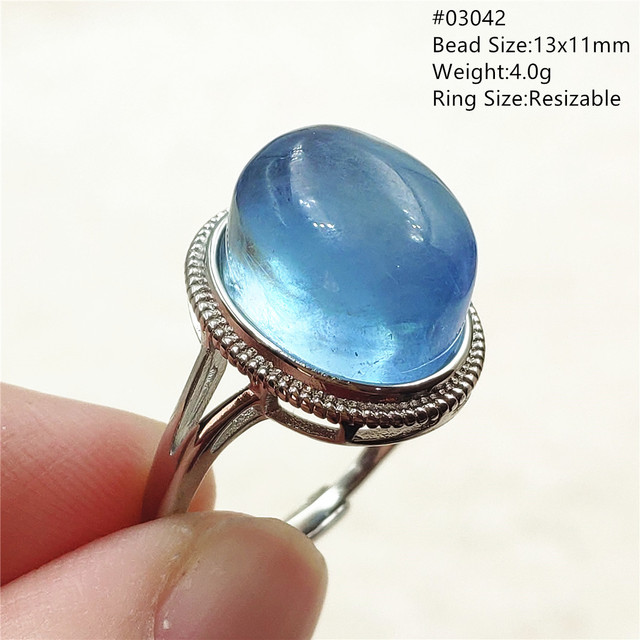 Pierścień z naturalnym niebieskim akwamarynem, kryształem jasnym koralikiem i srebrnym prostokątnym owalnym 925 pierścieniem AAAAA - Wianko - 111