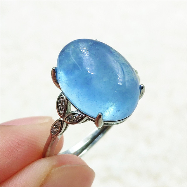 Pierścień z naturalnym niebieskim akwamarynem, kryształem jasnym koralikiem i srebrnym prostokątnym owalnym 925 pierścieniem AAAAA - Wianko - 8