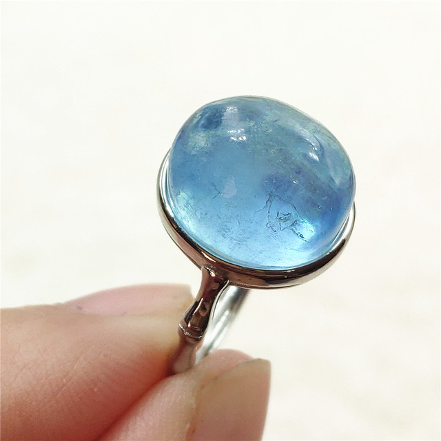 Pierścień z naturalnym niebieskim akwamarynem, kryształem jasnym koralikiem i srebrnym prostokątnym owalnym 925 pierścieniem AAAAA - Wianko - 46