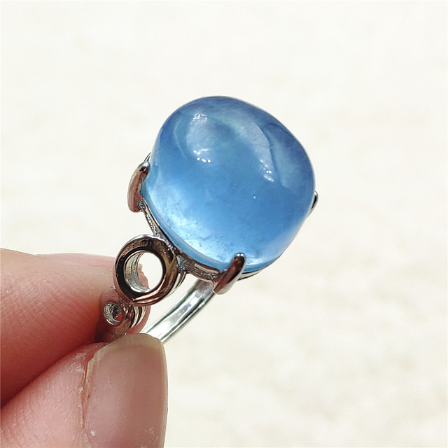 Pierścień z naturalnym niebieskim akwamarynem, kryształem jasnym koralikiem i srebrnym prostokątnym owalnym 925 pierścieniem AAAAA - Wianko - 110