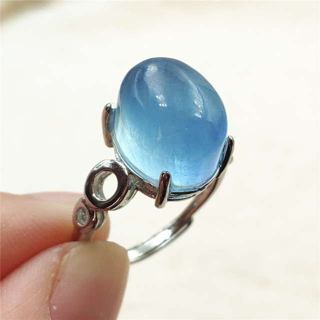 Pierścień z naturalnym niebieskim akwamarynem, kryształem jasnym koralikiem i srebrnym prostokątnym owalnym 925 pierścieniem AAAAA - Wianko - 118