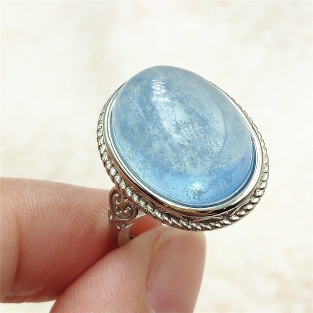 Pierścień z naturalnym niebieskim akwamarynem, kryształem jasnym koralikiem i srebrnym prostokątnym owalnym 925 pierścieniem AAAAA - Wianko - 96