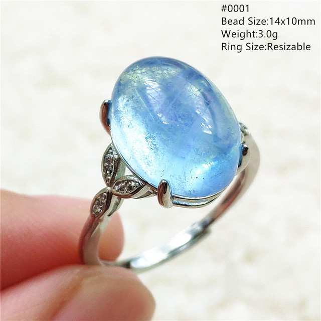Pierścień z naturalnym niebieskim akwamarynem, kryształem jasnym koralikiem i srebrnym prostokątnym owalnym 925 pierścieniem AAAAA - Wianko - 1
