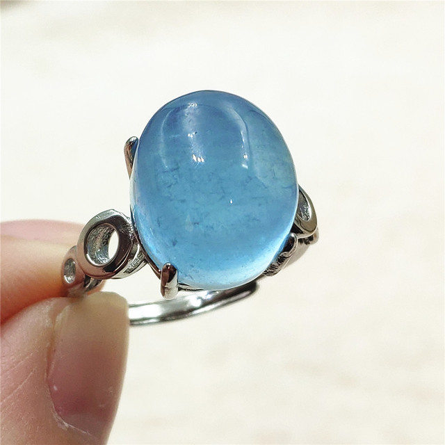 Pierścień z naturalnym niebieskim akwamarynem, kryształem jasnym koralikiem i srebrnym prostokątnym owalnym 925 pierścieniem AAAAA - Wianko - 64