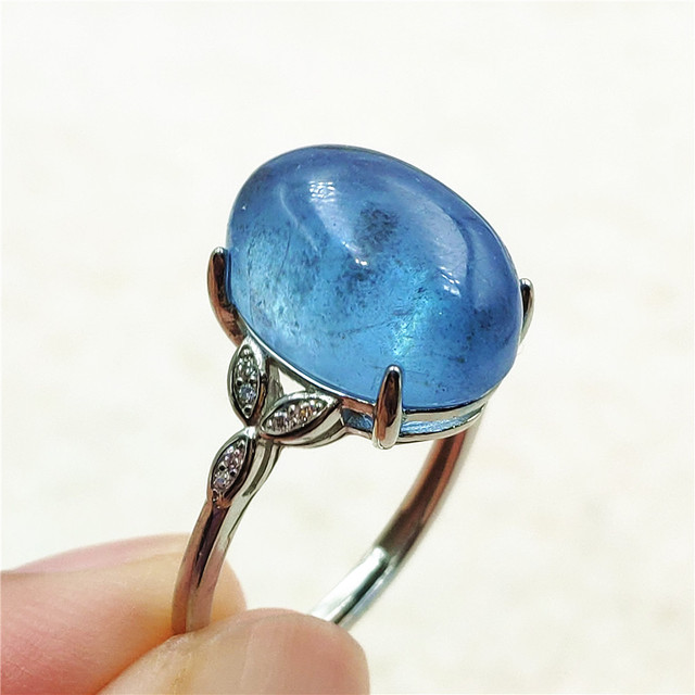 Pierścień z naturalnym niebieskim akwamarynem, kryształem jasnym koralikiem i srebrnym prostokątnym owalnym 925 pierścieniem AAAAA - Wianko - 28