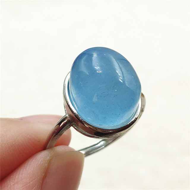Pierścień z naturalnym niebieskim akwamarynem, kryształem jasnym koralikiem i srebrnym prostokątnym owalnym 925 pierścieniem AAAAA - Wianko - 52