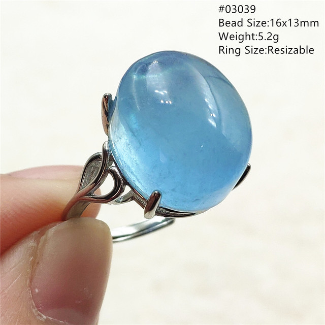 Pierścień z naturalnym niebieskim akwamarynem, kryształem jasnym koralikiem i srebrnym prostokątnym owalnym 925 pierścieniem AAAAA - Wianko - 65