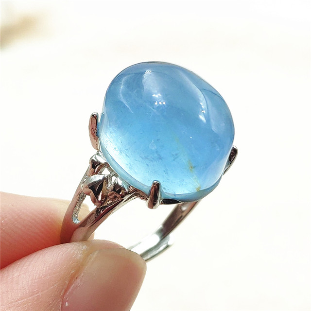 Pierścień z naturalnym niebieskim akwamarynem, kryształem jasnym koralikiem i srebrnym prostokątnym owalnym 925 pierścieniem AAAAA - Wianko - 60