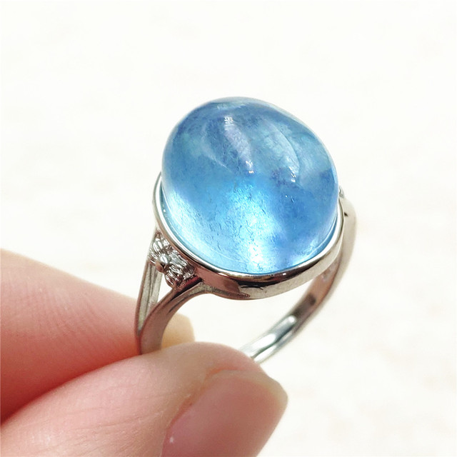 Pierścień z naturalnym niebieskim akwamarynem, kryształem jasnym koralikiem i srebrnym prostokątnym owalnym 925 pierścieniem AAAAA - Wianko - 48