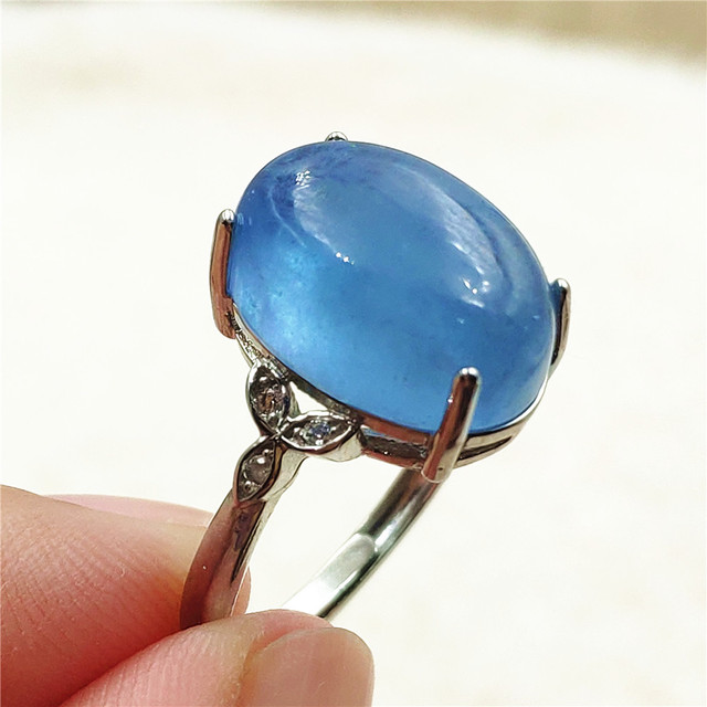 Pierścień z naturalnym niebieskim akwamarynem, kryształem jasnym koralikiem i srebrnym prostokątnym owalnym 925 pierścieniem AAAAA - Wianko - 30