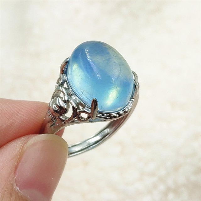 Pierścień z naturalnym niebieskim akwamarynem, kryształem jasnym koralikiem i srebrnym prostokątnym owalnym 925 pierścieniem AAAAA - Wianko - 98
