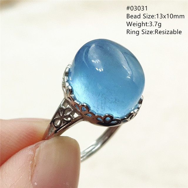 Pierścień z naturalnym niebieskim akwamarynem, kryształem jasnym koralikiem i srebrnym prostokątnym owalnym 925 pierścieniem AAAAA - Wianko - 49
